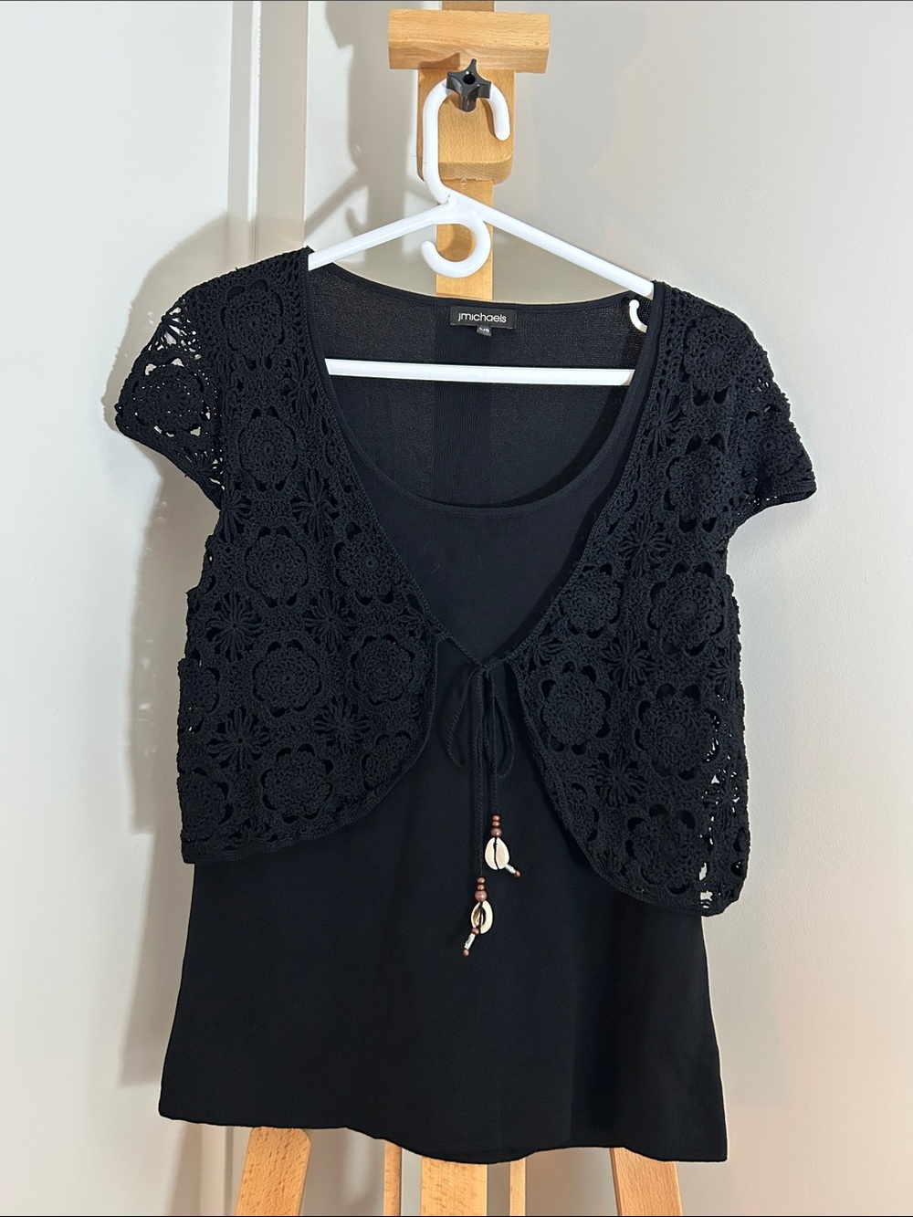 JM Collection Black Layered Cap Sleeve Top with Crochet Tie-Front Overlay